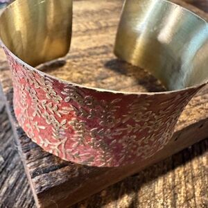 Handcrafted Artesian Boho Brass Patina Bracelet, Red Orange Brass Floral Vines,